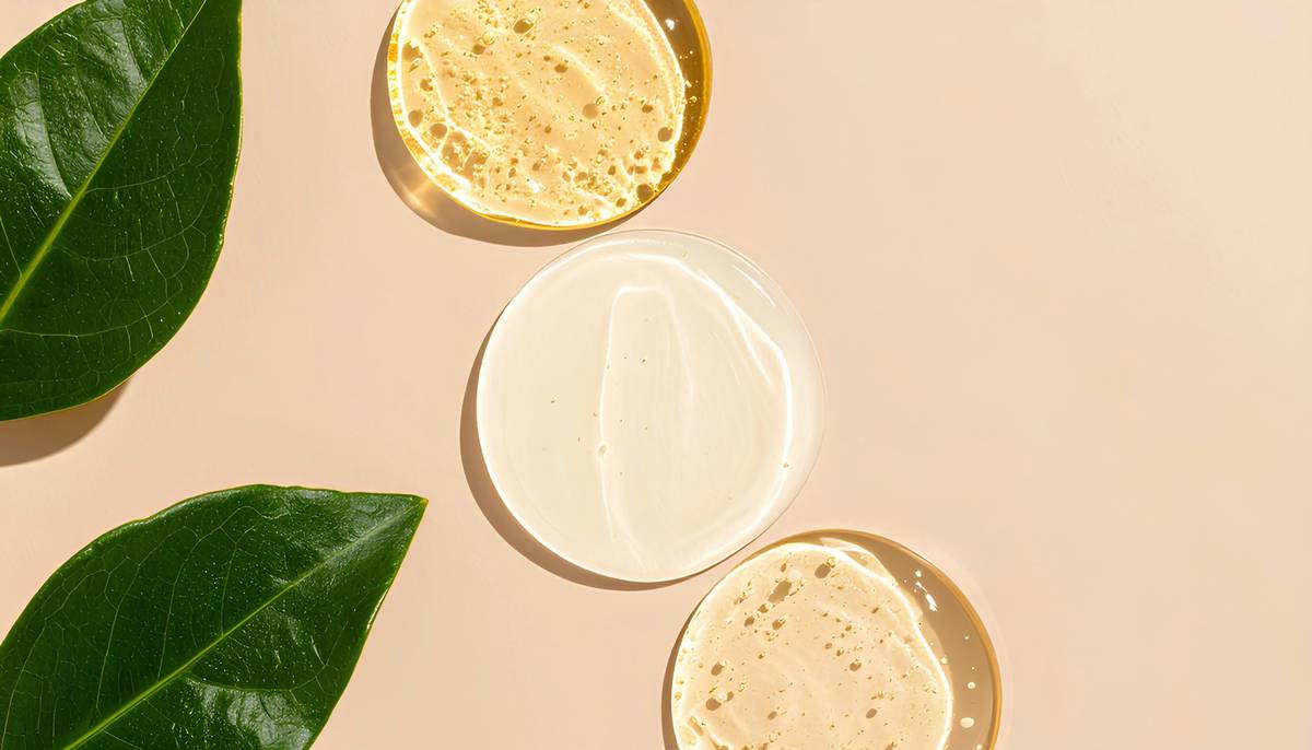 eco friendly cleanser is green tea in recyclable glass bottle with fresh green tea leaves beside it